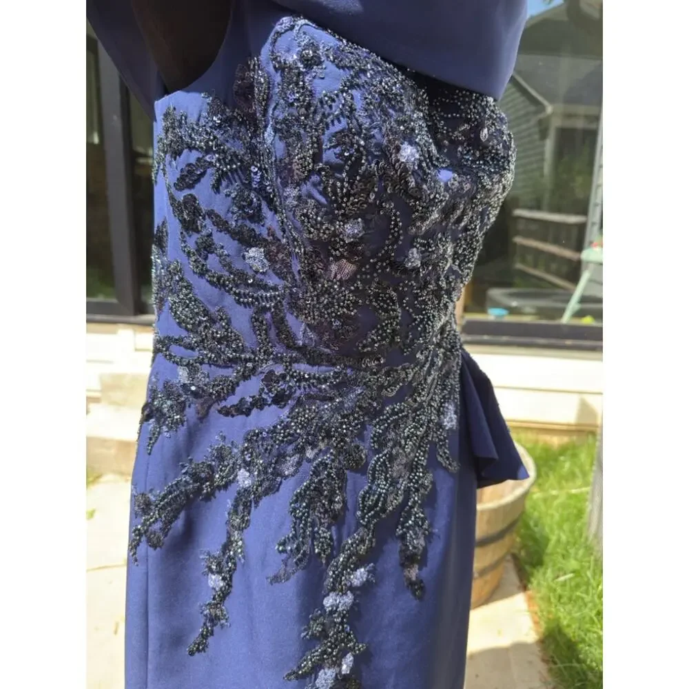 Feriani Couture Navy Off Shoulder Gown Size 16 Sequin Evening Dress - Picture 9 of 11